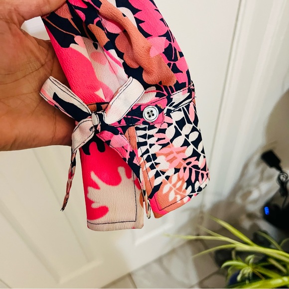 Talbots Pink & Navy Floral Print Tie Sleeve Button Back Blouse - Picture 3 of 8